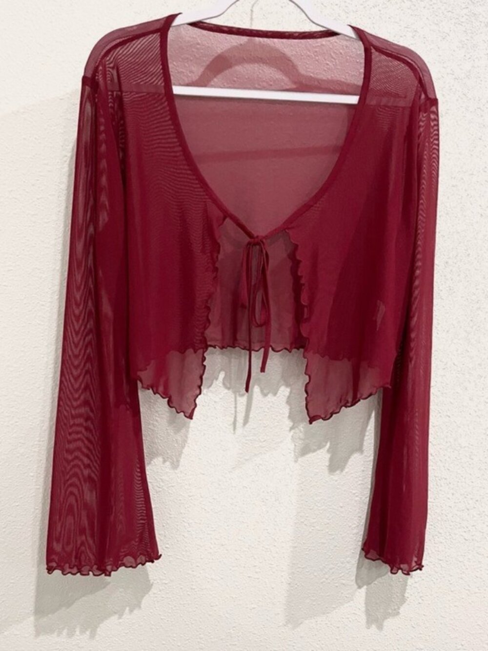 Vintage Red Bell Sleeve Mesh Top Dainty Whimsical Front Tie